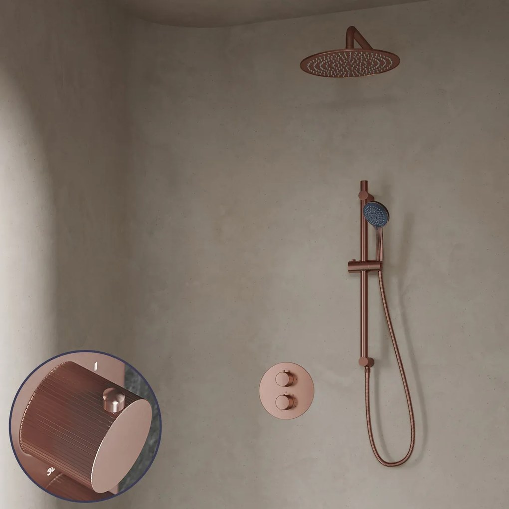 Saniclear Copper Stripes inbouw regendouche rond met 30cm hoofddouche, muurarm, 3 standen handdouche en glijstang geborsteld koper