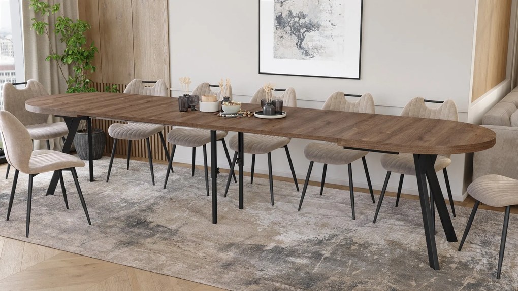 Mazzoni EXPANSO Bruin Eiken / zwarte poten - OVALE UITSCHUIFTAFEL 160-360 cm VOOR 16-18 PERSONEN