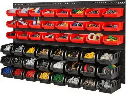 VEVOR stapelboxen, 48-container onderdelenrek organizer voor garage, kunststof gereedschapsrek met wandpanelen, gereedschapsorganizer voor moeren, bouten, schroeven, spijkers, kralen, knopen, zwart en rood
