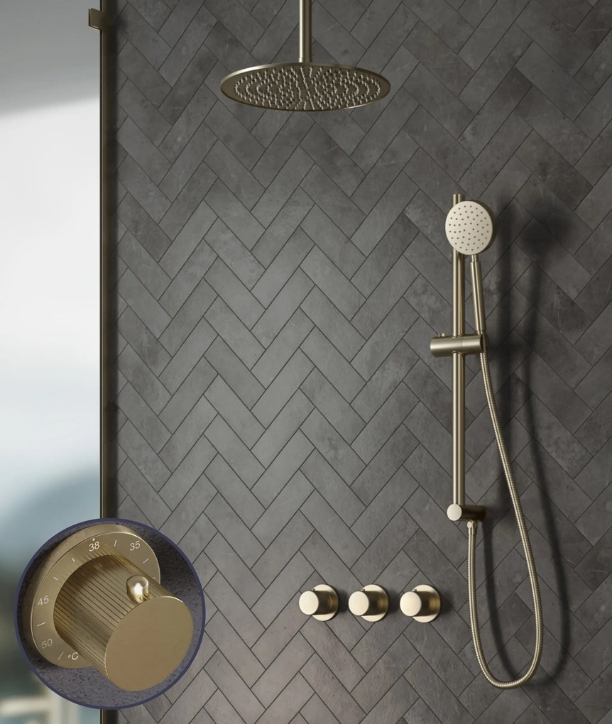 Saniclear Plus Stripes inbouw regendouche met 20cm hoofddouche, plafondarm en glijstang geborsteld messing - mat goud