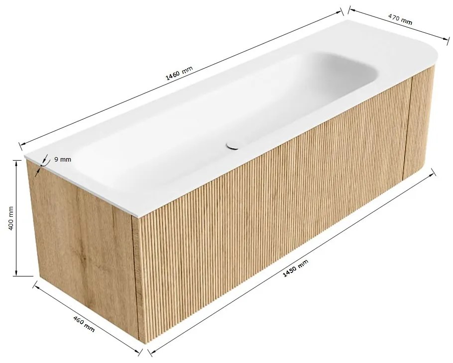 Mondiaz Kurve 145cm badmeubel ronding rechts walnut met 1 lade en deur en wastafel big large kraangat links urban