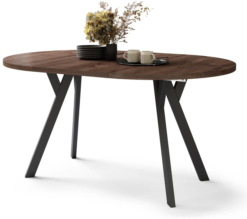 ALMO 100 Eiken Bruin/Zwarte poten - RONDE LOFT/INDUSTRIËLE TAFEL VOOR WOONKAMER/EETKAMER, UITSCHUIFBAAR