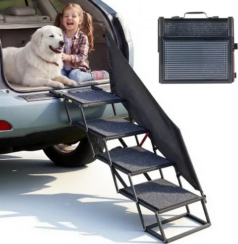VEVOR opvouwbare hondenhelling met 4 treden voor auto's, extra brede hondenhelling voor grote honden met antislipoppervlak, toegangshulp voor auto's, SUV's, vrachtwagens, hoogslapers, banken, opklapbare trap met een draagvermogen tot 180 kg