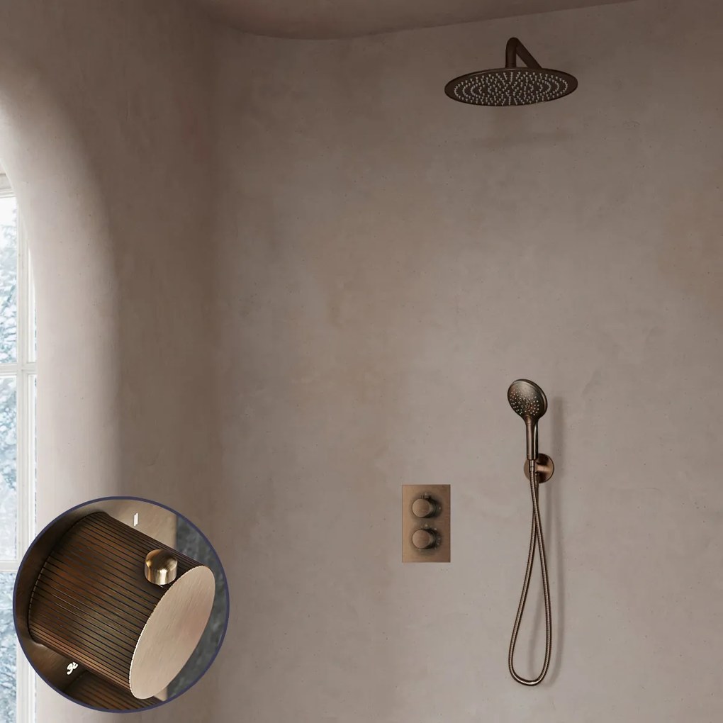 Saniclear Antique Stripes inbouw regendouche met 20cm hoofddouche, muurarm en 2 standen handdouche verouderd messing