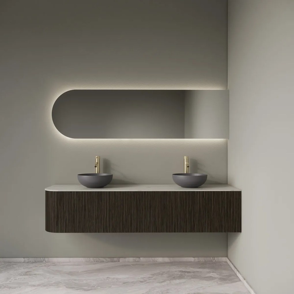 Gliss Design Alluro badmeubel ribbelfront met ronding links 180cm charcoal en wit marmer toppaneel