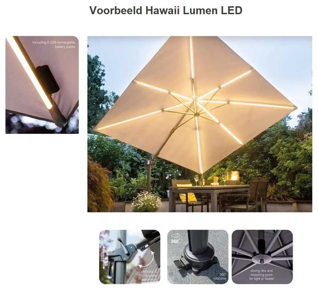 Garden Impressions Hawaii zweefparasol Lumen LED 300x300 cm - donker grijs