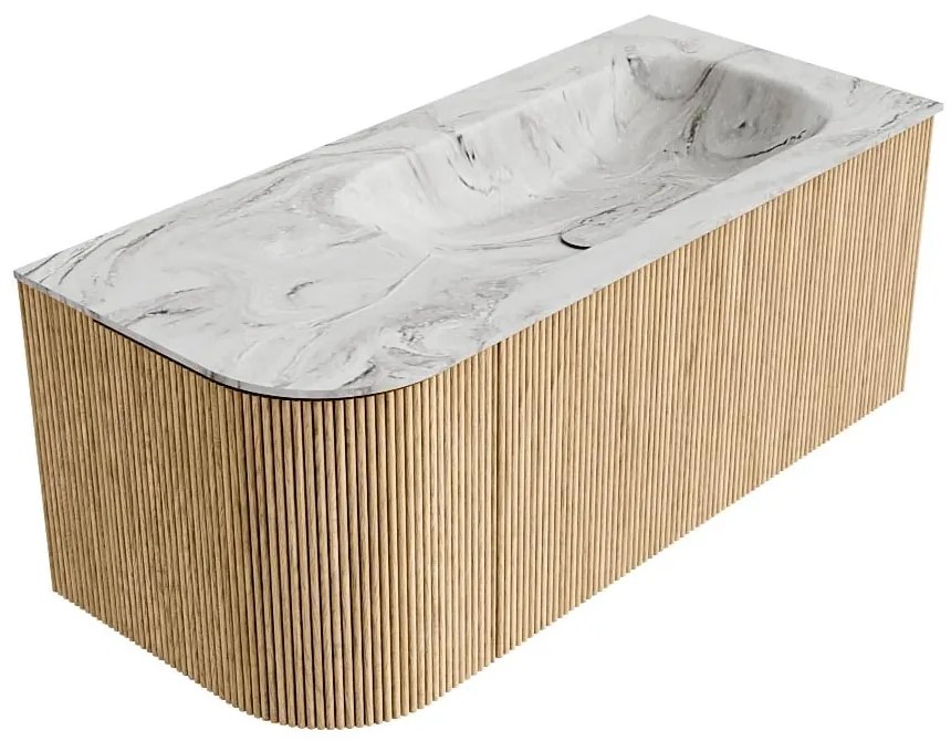 Mondiaz Kurve-dlux 105cm badmeubel ronding links oak met 1 lade en deur en wastafel big small rechts zonder kraangat glace