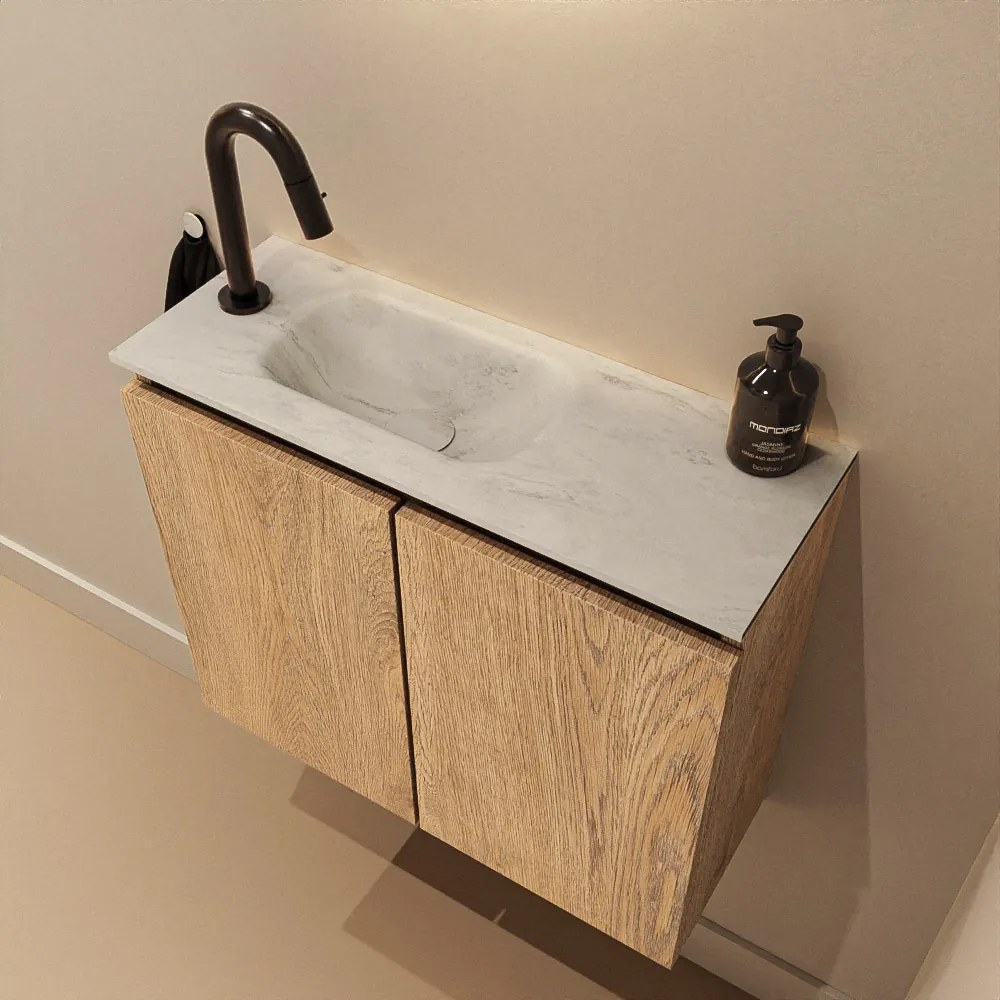 Mondiaz Ture DLux toiletmeubel 60cm washed oak met wastafel opalo links met kraangat