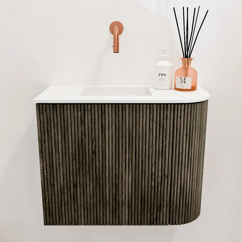 Mondiaz Joya 50cm toiletmeubel ronding rechts shadow met wastafel faye links zonder kraangat talc