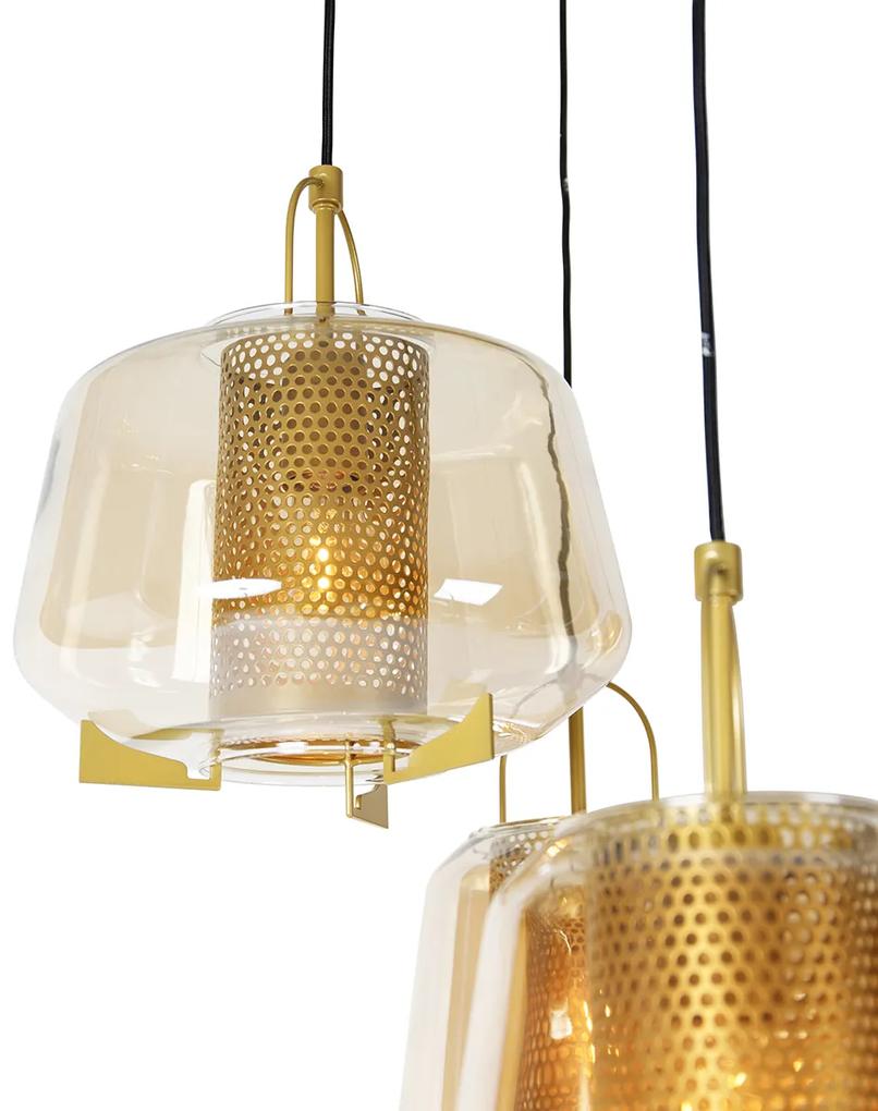 Art Deco hanglamp goud met amber glas 6-lichts - Kevin Art Deco E27 rond Binnenverlichting Lamp