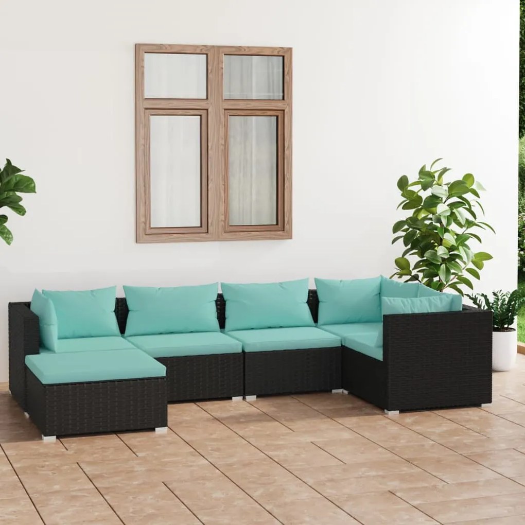 vidaXL 6-delige Loungeset met kussens poly rattan zwart