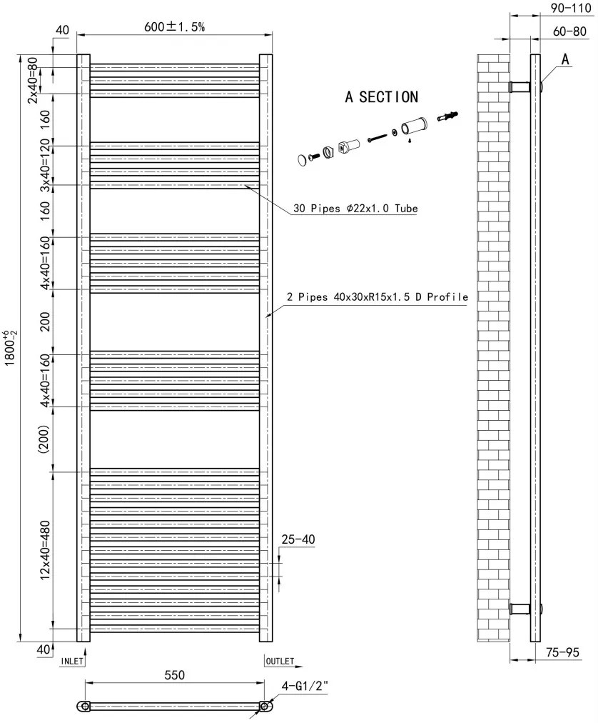 Eastbrook Wendover handdoekradiator 60x180cm 783W zwart glans