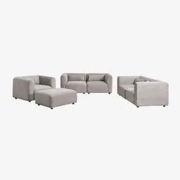 Woonkamerset Met 2 Modulaire 2-zitsbanken, Fauteuil En Poef Fogler Corduroy Licht Taupegrijs - Sklum