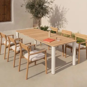 Rechthoekige Tafelset 220x100 Cm In Aluminium En Teakhout Sirka En 6 Tuinstoelen Met Armleuningen In Hout Saira Licht Teakhout - Sklum