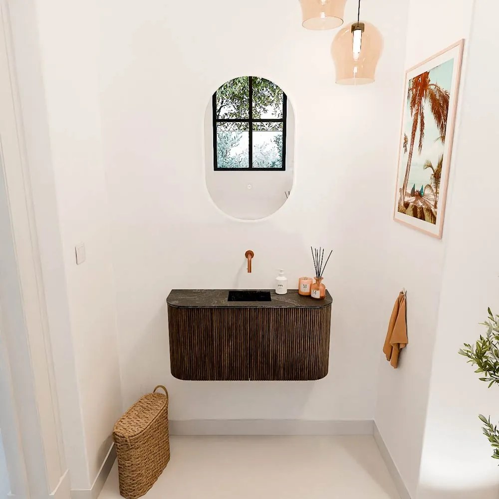 Mondiaz Joya DLux 85cm toiletmeubel ronding links/rechts walnut met wastafel faye midden zonder kraangat lava