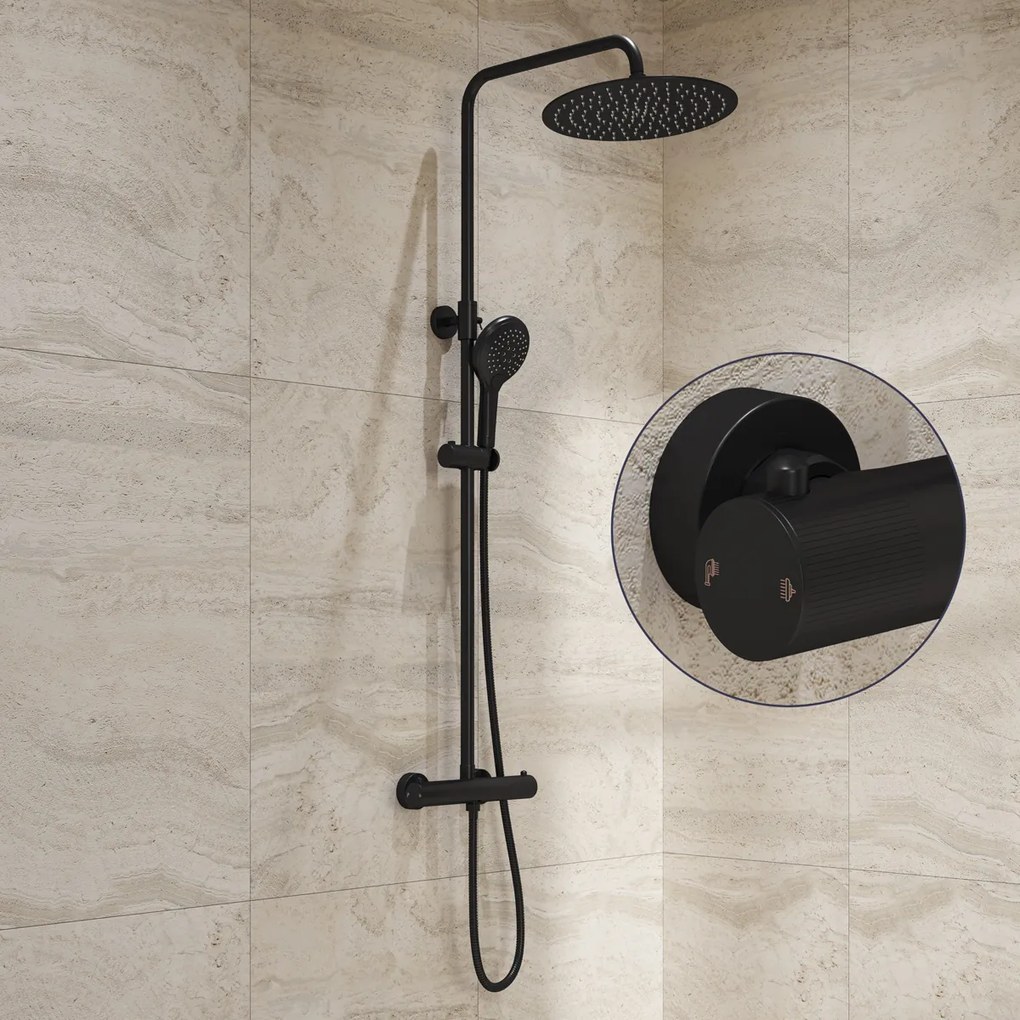Saniclear Evolution Stripes opbouw regendouche mat zwart met 20cm hoofddouche en 2 standen handdouche