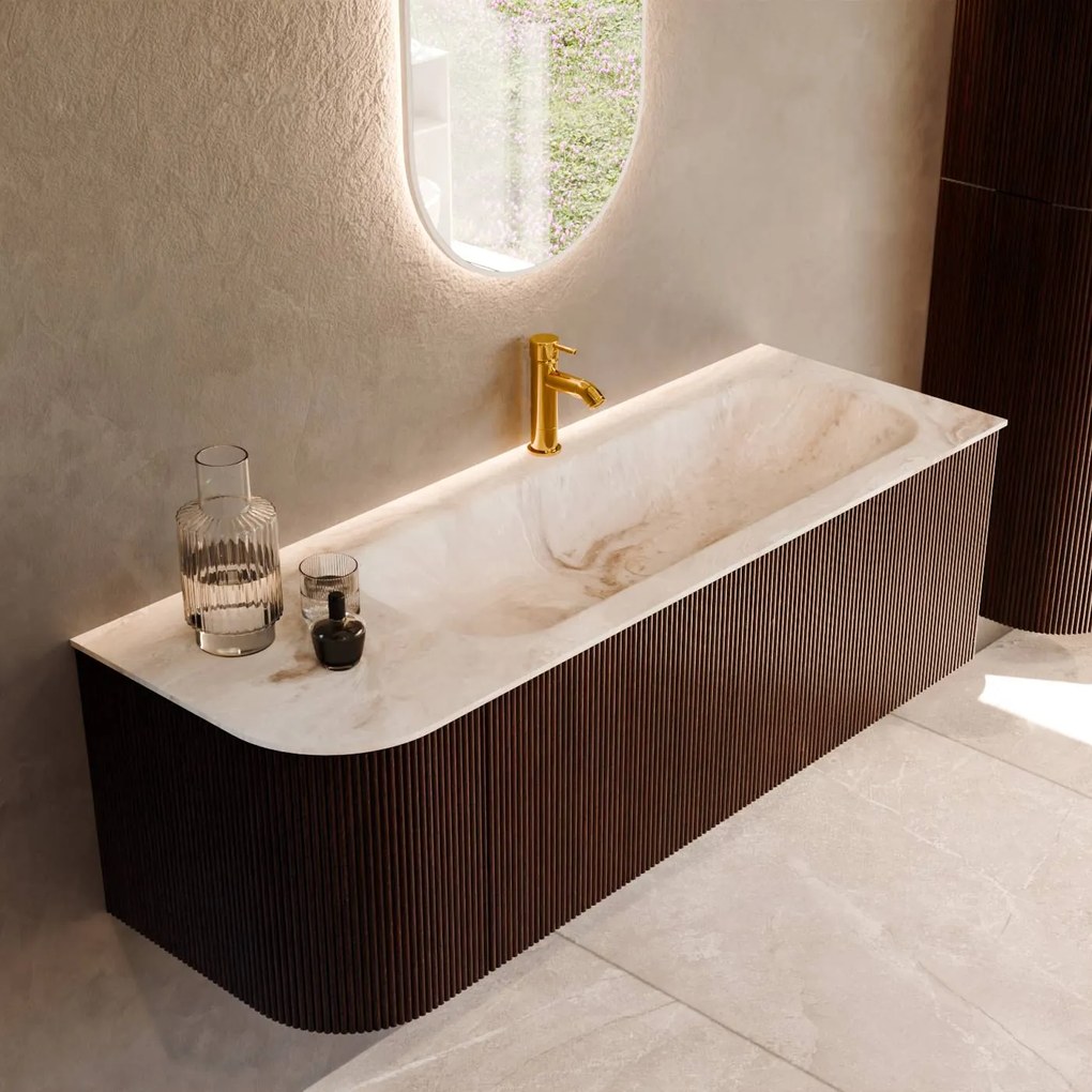 Mondiaz Kurve-dlux 135cm badmeubel ronding links ruby met 1 lade en deur en wastafel big medium kraangat rechts frappe