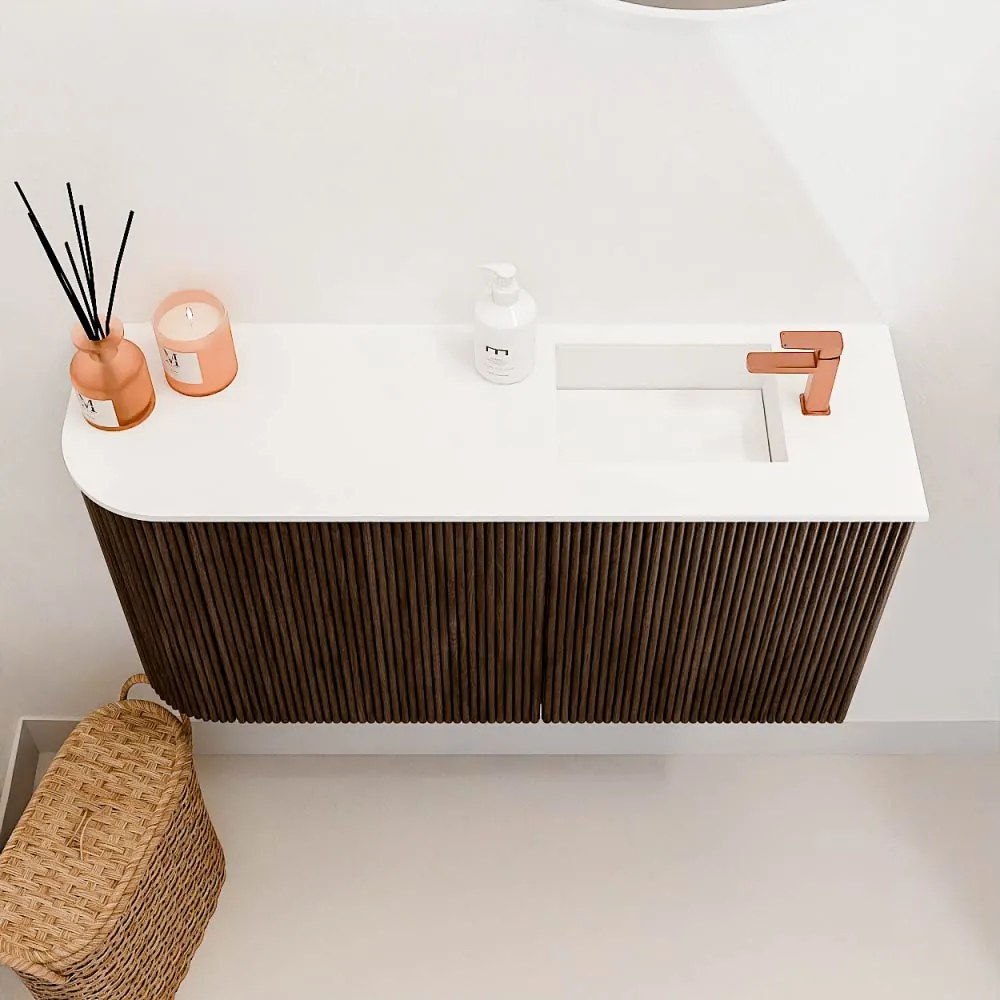 Mondiaz Joya 80cm toiletmeubel ronding links walnut met wastafel faye rechts 1 kraangat talc