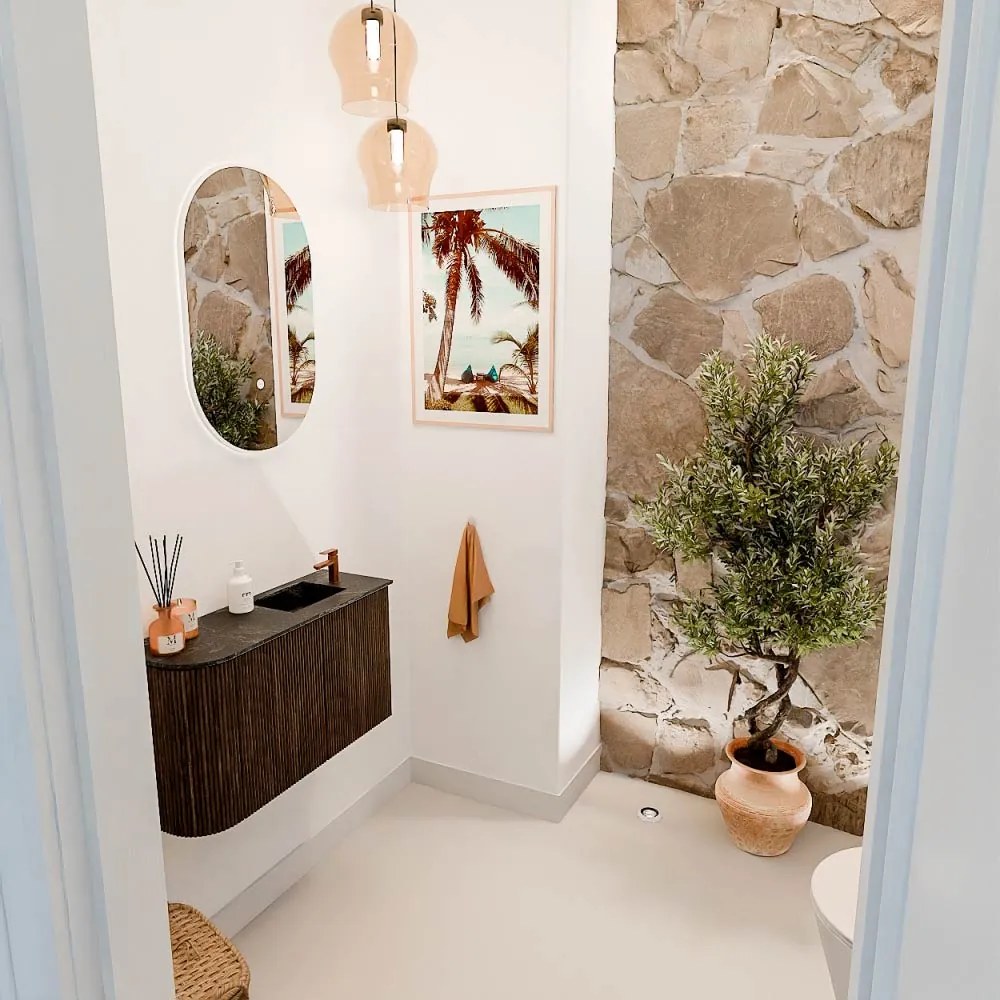 Mondiaz Joya DLux 70cm toiletmeubel ronding links walnut met wastafel faye rechts 1 kraangat lava