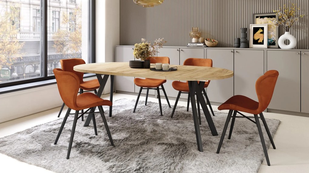 ALMO 100 Eiken Craft Gold/Zwarte poten - RONDE LOFT/INDUSTRIËLE TAFEL VOOR WOONKAMER/EETKAMER, UITSCHUIFBAAR