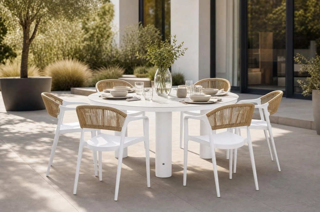 Tuinset Ronde Tuintafel 6 personen 150 cm Kunststof Wit Domani Furniture Toscano/Arancia