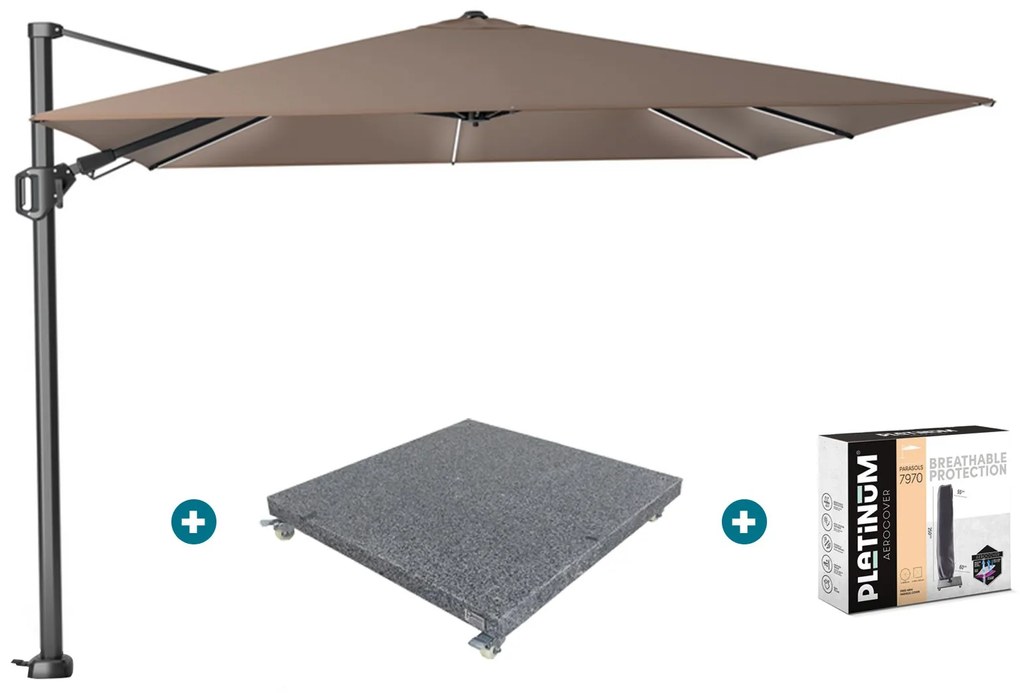 Platinum Challenger Zweefparasol T2 Premium Glow 3x3 m. - Havana Taupe met voet en hoes