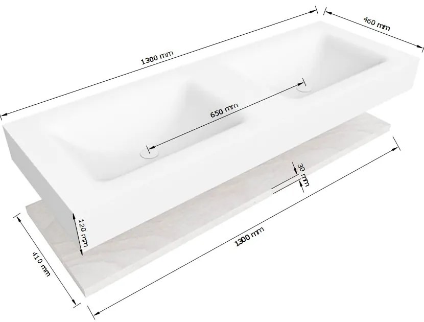 Zaro Alan badmeubel 130cm met planchet washed oak en vrijhangende wastafel cloud dubbel 2 kraangaten talc