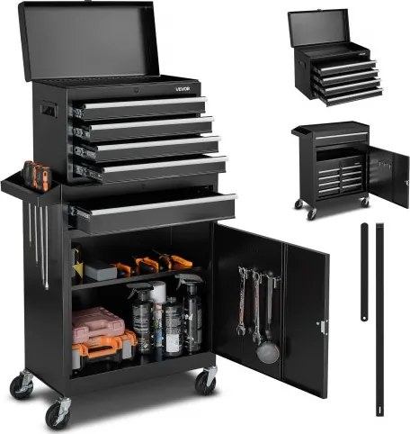 VEVOR Werkplaatswagen, 2-in-1 ontwerp, gereedschapswagen met 5 lades en uitneembare metalen gereedschapskist, afsluitbare stang, beschermende voering en gereedschapsrek, garage-organizer voor opslag, werkplaats