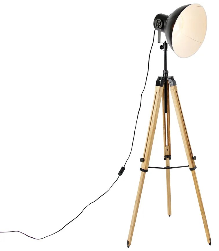 Industriële tripod vloerlamp zwart met hout - Mangoes