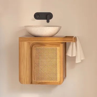 Georgy Zwevend Badkamermeubelset Van Teakhout Teakhout & Rond Cement Wit Ø40 Cm Zavion & Spiegelloze & Matzwart Inbouwmodel Met Afvoerkraan - Sklum