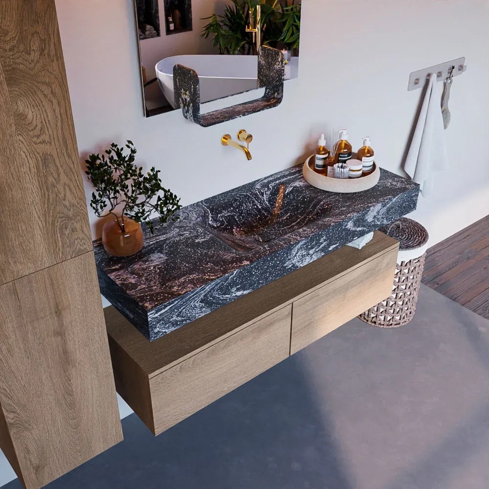 Mondiaz Alan DLux badmeubel 130cm washed oak 2 lades met wastafel lava midden zonder kraangat