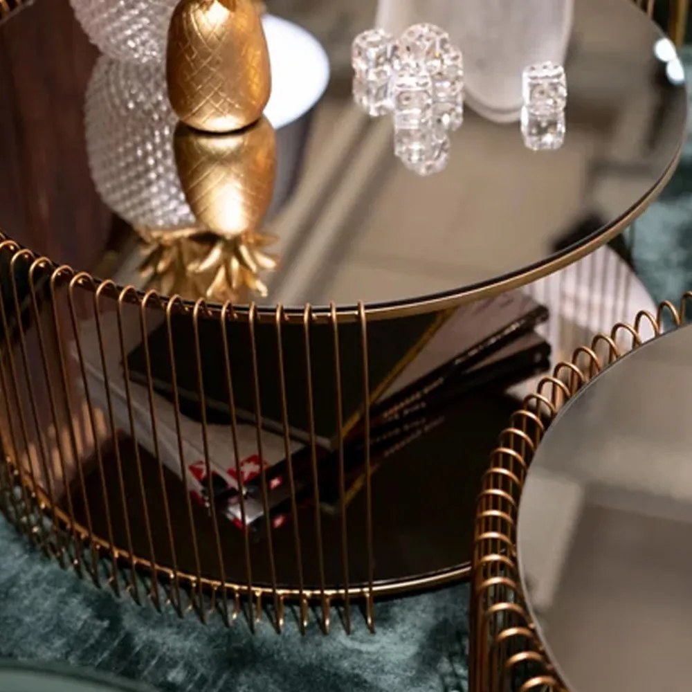 Kare Design Wire Double Ronde Salontafel Set Goud Met Glasplaat - 69.5 X 69.5cm.