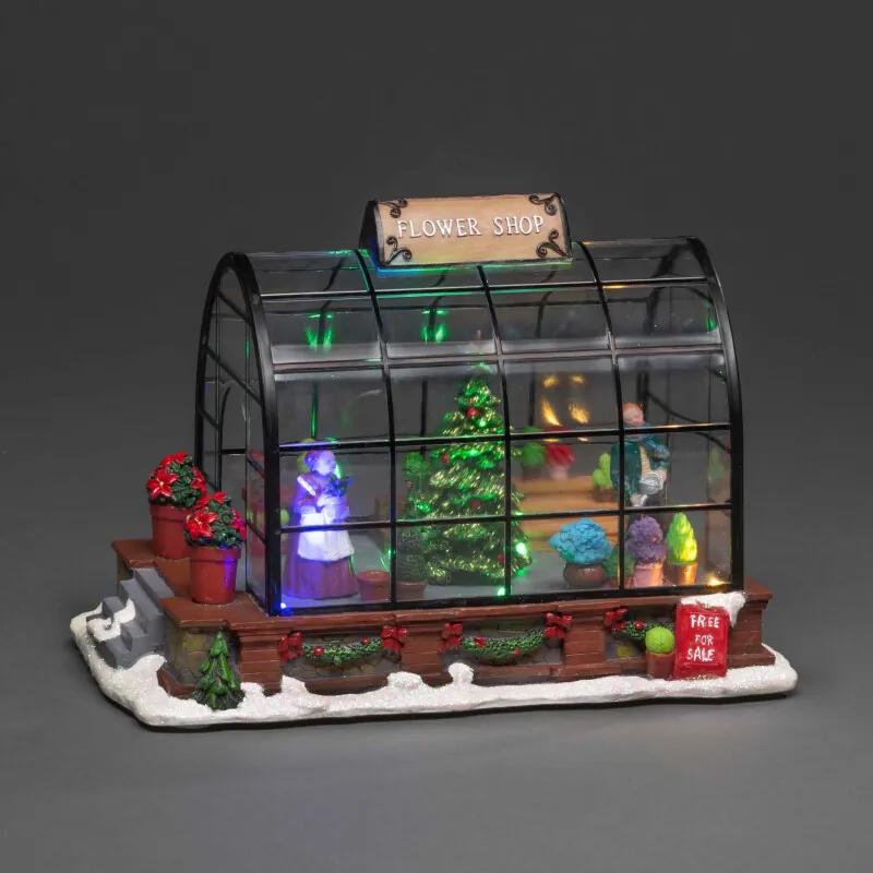 4206 - Kerstdecoratie - 5 lamps LED Wintertafereel Bloemenwinkel in kas - 16.5x22cm - op batterij - voor binnen - multicolor