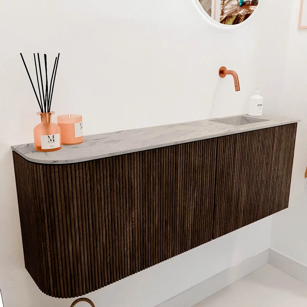 Mondiaz Joya DLux 110cm toiletmeubel ronding links walnut met wastafel faye rechts zonder kraangat glace