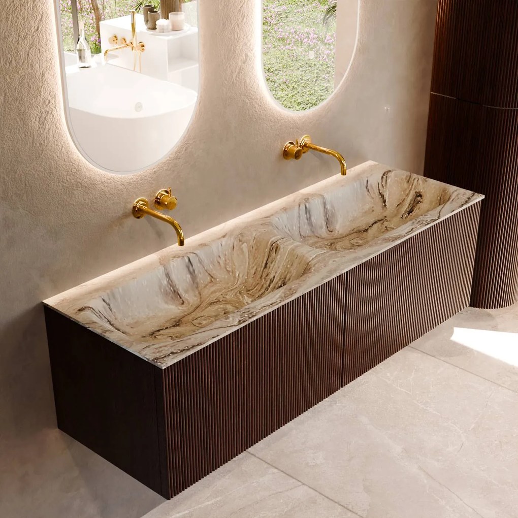 Mondiaz Kurve-dlux 140cm badmeubel ruby met 2 lades en wastafel stor small dubbel zonder kraangat glace