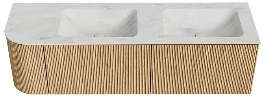 Mondiaz Kurve-dlux 155cm badmeubel ronding links oak met 2 lades en 1 deur en wastafel leaf dubbel/rechts 2 kraangaten opalo