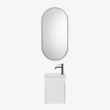 Narek Zwevend Houten Badkamermeubelset Met Geïntegreerde Wastafel Wit & Mat Zwart ↑20 Cm Met Afvoerkraan Zonder Overloop Orveta & Ovale Led En Anticon