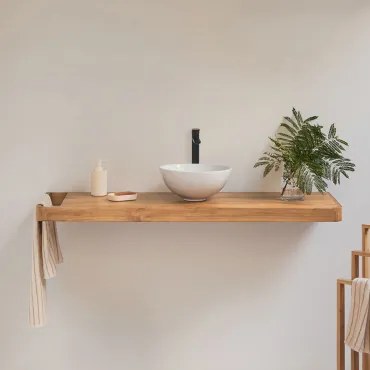 Conjunto Van Meubel 130x45 Cm Hangend In Teakhout Neill Teakhout & Rond Wit Keramiek Ø30 Cm Calgari & Spiegelloze & Zwart ↑30 - Sklum