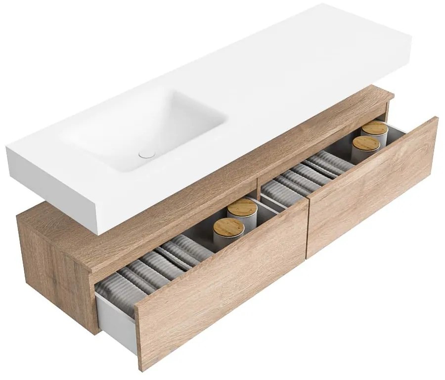 Zaro Alan badmeubel 160cm washed oak 2 lades met vrijhangende wastafel cloud links zonder kraangat talc