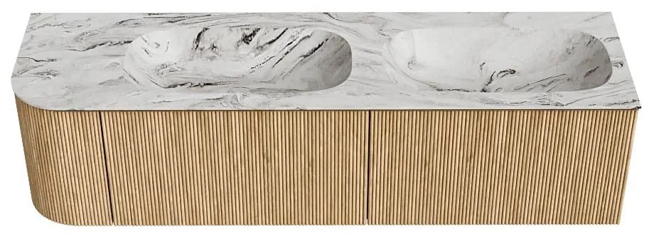 Mondiaz Kurve-dlux 165cm badmeubel ronding links oak met 2 lades en 1 deur en wastafel stor small dubbel/rechts zonder kraangat glace