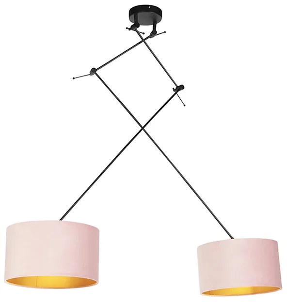 Hanglamp zwart met velours kappen roze met goud 35 cm 2-lichts - Blitz