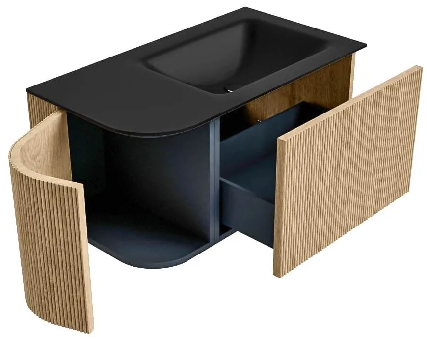 Mondiaz Kurve 85cm badmeubel ronding links oak met 1 lade en deur en wastafel cloud kraangat rechts urban