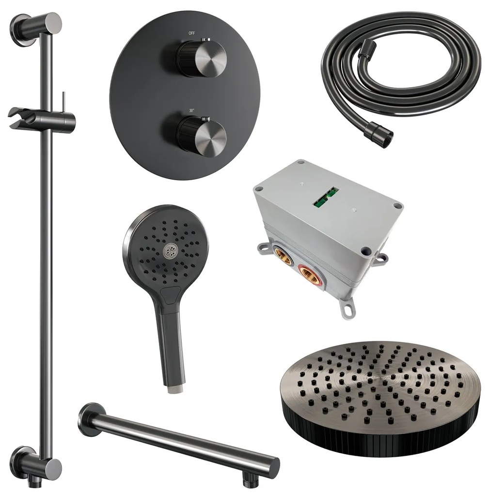 Brauer Stripe inbouw regendouche rond met 25cm hoofddouche, rond met rechte muurarm, glijstang en 3 standen handdouche set 46 gunmetal geborsteld PVD