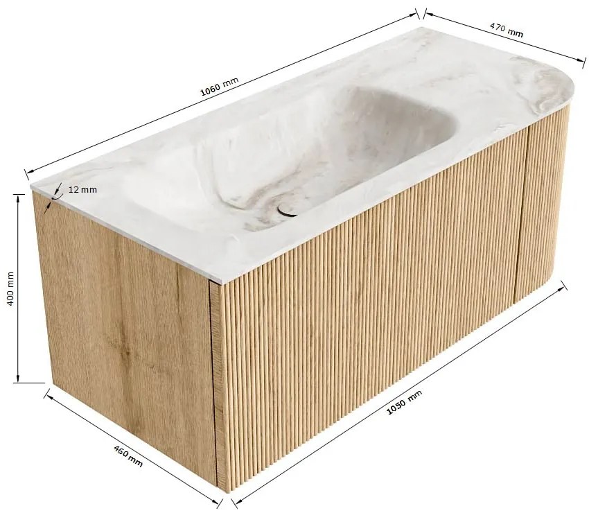 Mondiaz Kurve-dlux 105cm badmeubel ronding rechts oak met 1 lade en deur en wastafel big small links zonder kraangat ostra