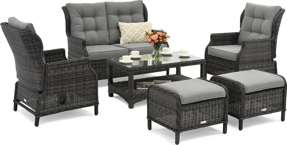 Malaga Coffee 4 antraciet technorattan set met Garden Point poefs