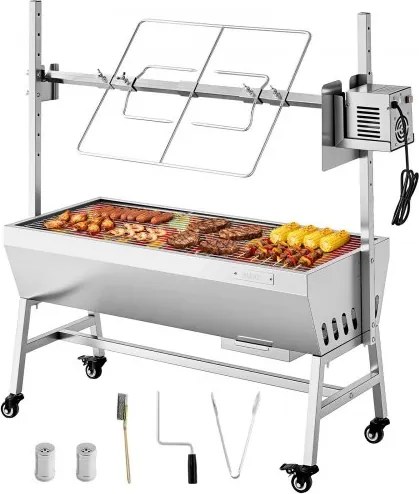 VEVOR Rotisserie Grill 38 W voor speenvarken, lamsvlees of houtskool (94 cm grilllengte) met een draagvermogen van 60 kg, wielen en 7-voudige hoogteverstelling, roestvrijstalen elektrische grillset voor kamperen en buitengebruik