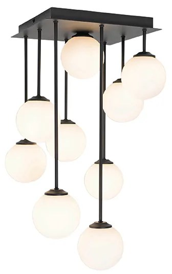 Moderne plafondlamp zwart met opaal glas 9-lichts - Athens