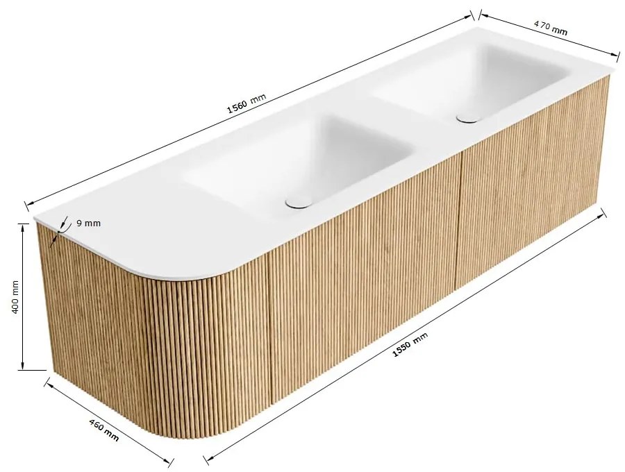 Mondiaz Kurve 155cm badmeubel ronding links oak met 2 lades en 1 deur en wastafel cloud dubbel/rechts 2 kraangaten urban