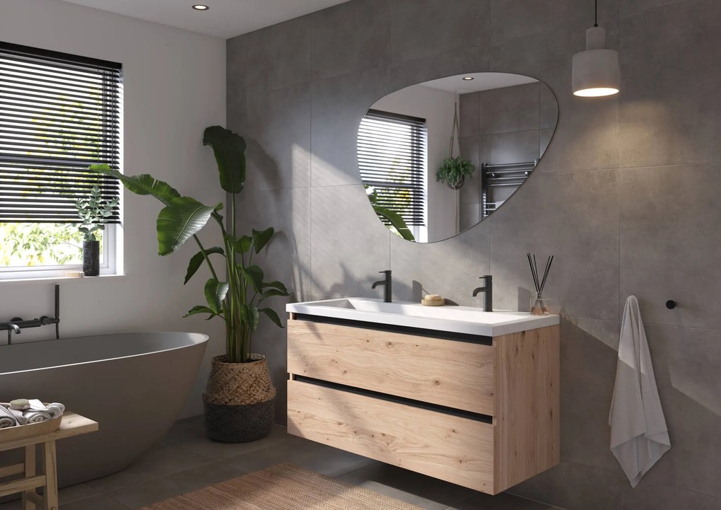 Saqu Gaia badmeubel incl. glans witte wastafel met 2 kraangaten 120x52x64cm naturel eiken – zwarte greeplijst