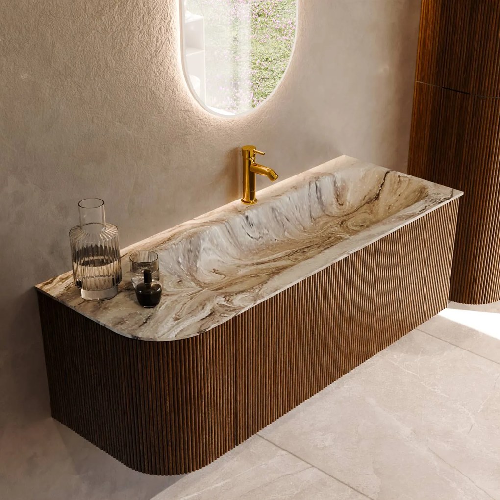 Mondiaz Kurve-dlux 125cm badmeubel ronding links dusk met 1 lade en deur en wastafel big medium kraangat rechts glace